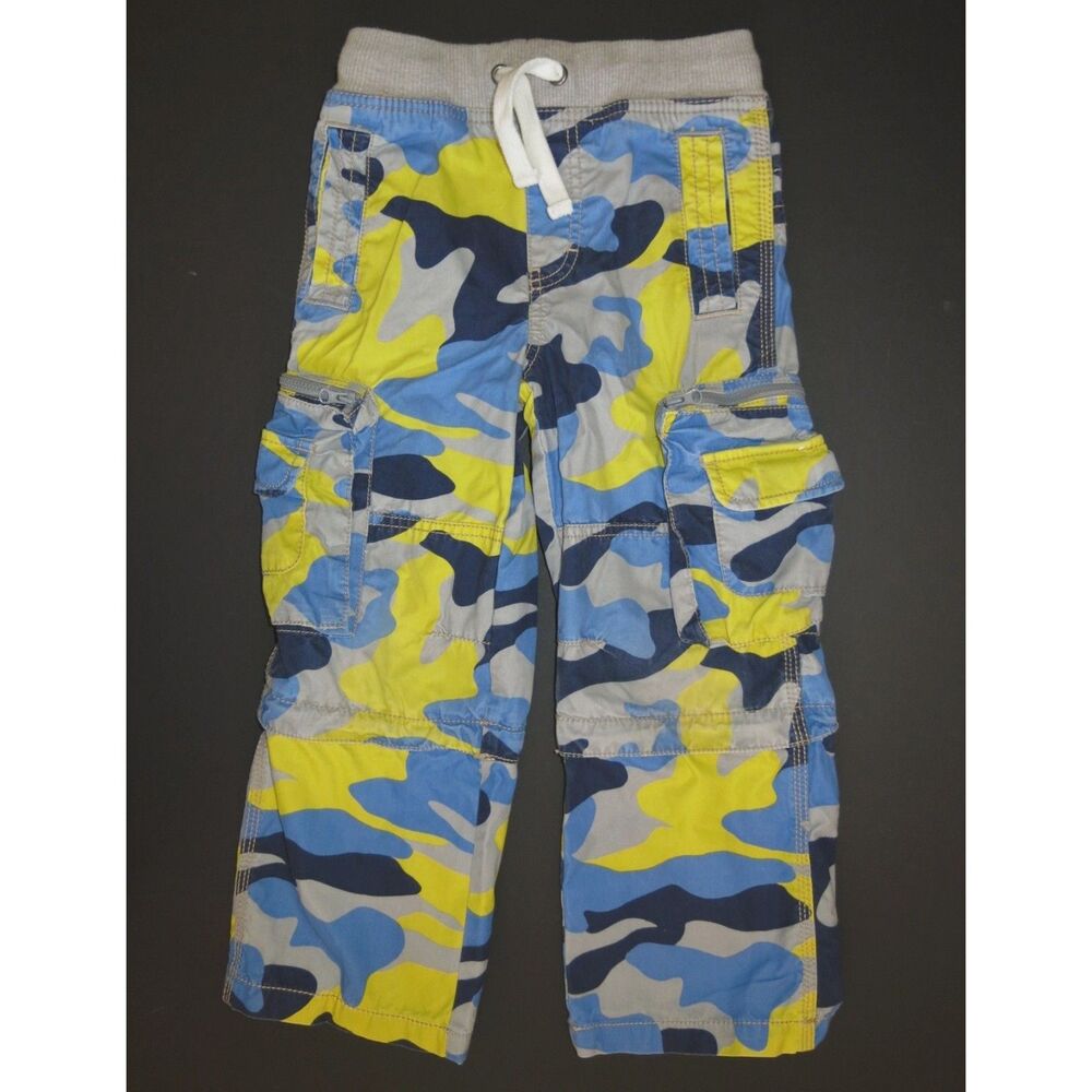 Mini Boden boys Zip Off techno cargo pants blue yellow camouflage camo shorts 6